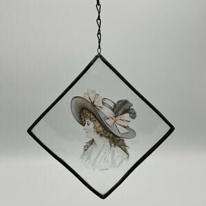 Vintage Monreau Lady in Hat Leaded Glass Window Decor Suncatcher MCM 7" RARE!